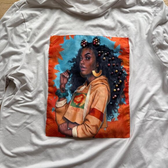 Koko Ailis white  Long-Sleeve Shirt With Vibrant Afrocentric Beaded Art Patch - Picture 2 of 6